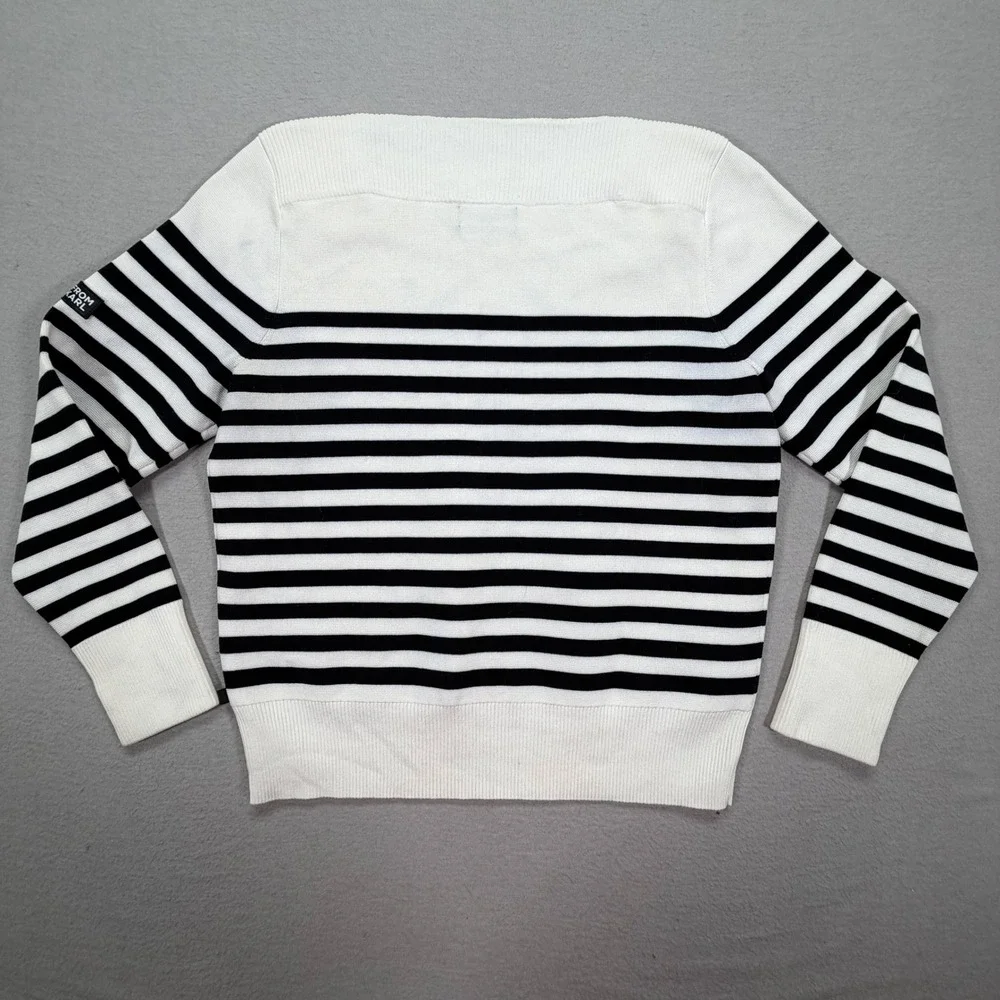Karl Lagerfeld Sweater Womens M White Black Striped Button‎ Shoulder Knit